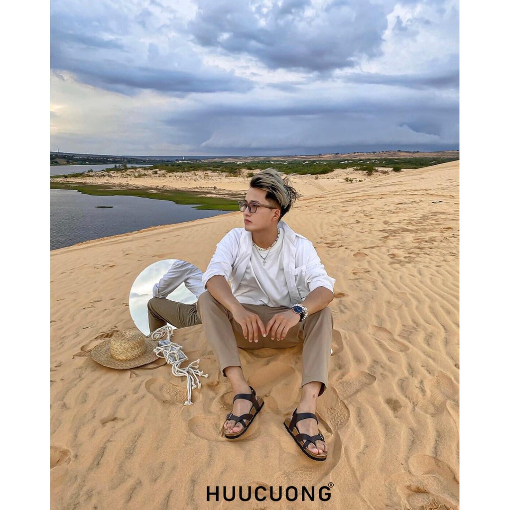 Giày Sandal Unisex Huucuong xỏ ngón màu đen đế trấu