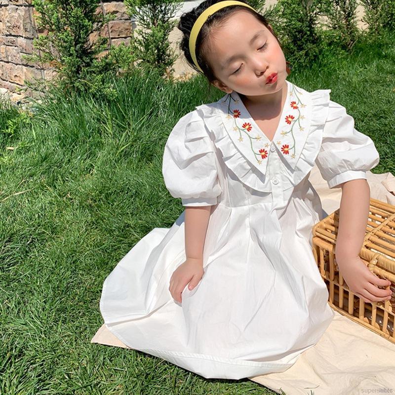 Váy tay phồng thêu hoa đáng yêu xinh xắn dành cho bé gái 2-7 tuổi