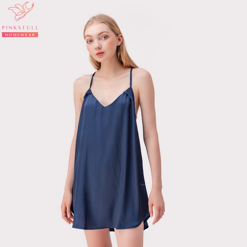 Váy ngủ lụa hai dây Pink Stull ren lưng xanh coban