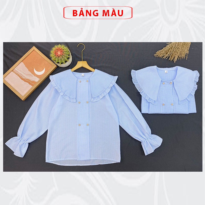 Sơ Mi Cổ Bèo MIN19 Áo Kiểu Nữ Hàn Quốc Tay Phồng Bánh Bèo Tiểu Thư Form Rộng Kẻ Tăm Cúc Ngọc Màu Xanh Thời Trang