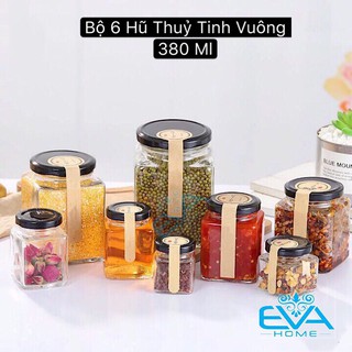 Bộ 6 Hũ Thủy Tinh Vuông Nắp Vặn Dung Tích 380 ML