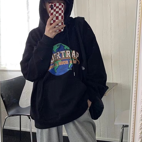 【ZHELIHANGFEI】Áo Hoodie Tay Dài Dáng Rộng In Hình Trái Đất Phong Cách Preppy Dễ Phối Đồ