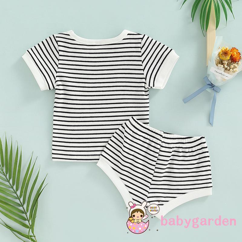 Bộ Áo Thun Ngắn Tay Cổ Tròn Kẻ Sọc + Quần Short Thời Trang Mùa Hè Cho Bé 0-24 Tháng Tuổi