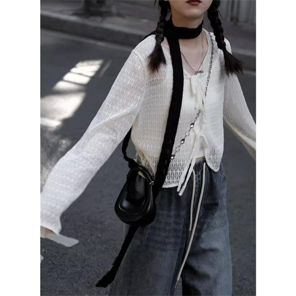 QKOOLE Áo Khoác Ren Cardigan Tay Dài Dáng Rộng Thời Trang Mùa Hè Cho Nữ