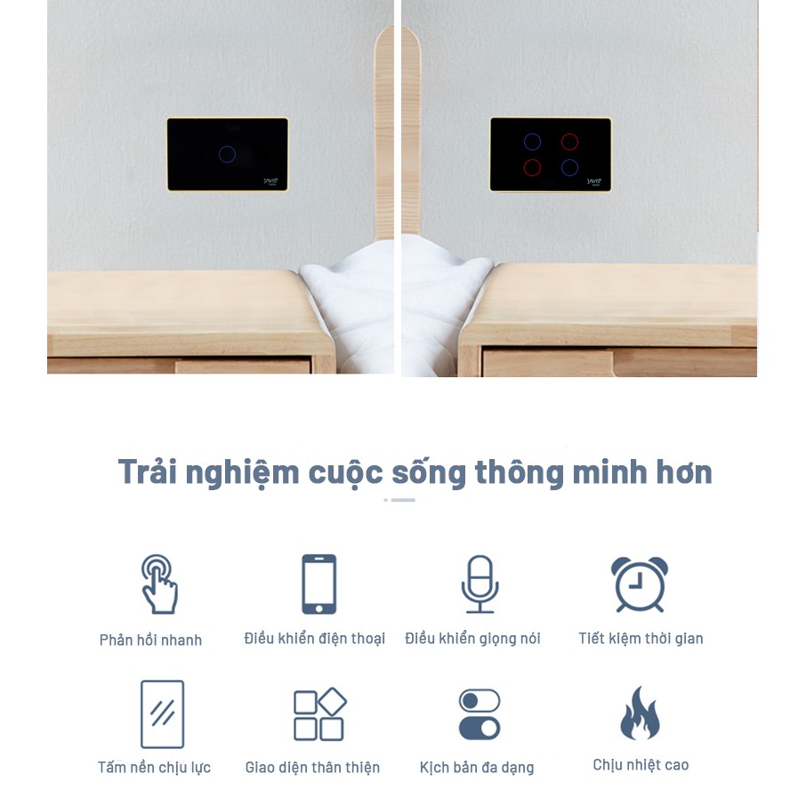 Công tắc cảm ứng thông minh JAVIS 4 Gang có viền vàng. Công tắc WIFI điều khiển bằng tiếng Việt, điện thoại, Google Home