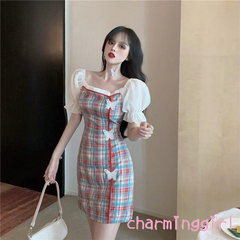Đầm sườn xám tay phồng cổ vuông họa tiết sọc caro phong cách retro thời trang cho nữ