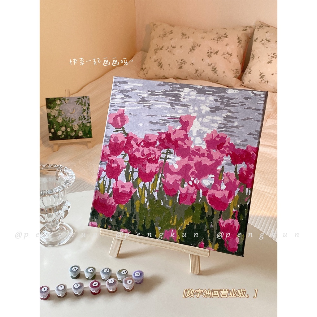 Tranh Sơn Dầu Acrylic Hình Hoa Tulip 20x20cm Trang Trí Phòng Ngủ