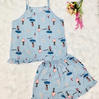 Đồ bộ tole mặc nhà thiết kế áo dây bèo xanh cây nấm