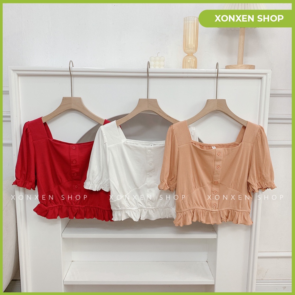 Áo kiểu croptop viền sóng form dể thương chất vải mền mịn thoáng mát XONXEN SHOP QUẢNG NGÃI freesize mã 3318