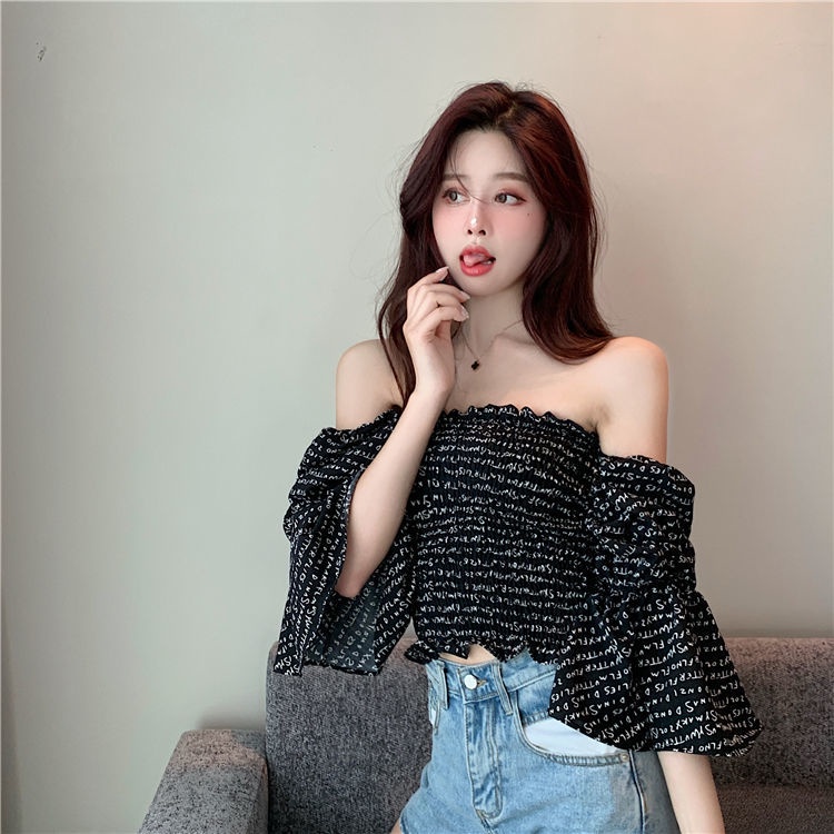 Áo Voan Trễ Vai Tay Phồng In Chữ Phong Cách Hàn Quốc Dành Cho Nữ