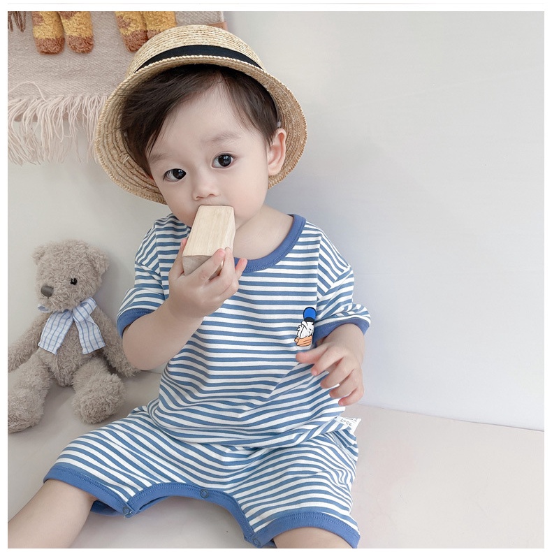 Áo Liền Quần Ngắn Tay Hoa Văn Kẻ Sọc Thời Trang Mùa Hè Dành Cho Trẻ Nhỏ Mới Sinh