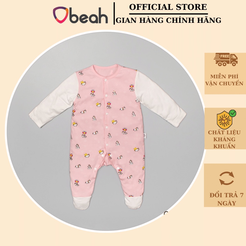 Bodysuit cho bé sơ sinh, body liền tất chất liệu petit mềm mịn OBEAH màu hồng phấn in hình size 59 đến 80  Mã OB082109