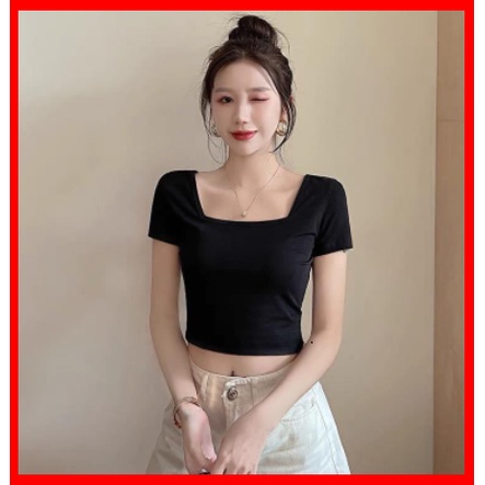 Áo thun nữ cổ vuông ngắn tay, áo cổ vuông ôm body hot trend 2022