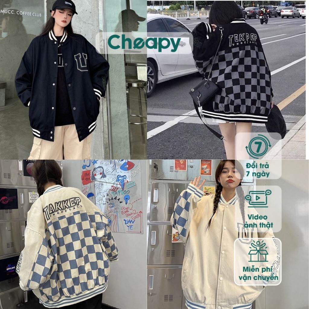 Áo khoác gió nam nữ Caro Takkep hàng 2 lớp Cheapy đen be phom rộng freesize bo gấu cúc bấm dáng bomber C576