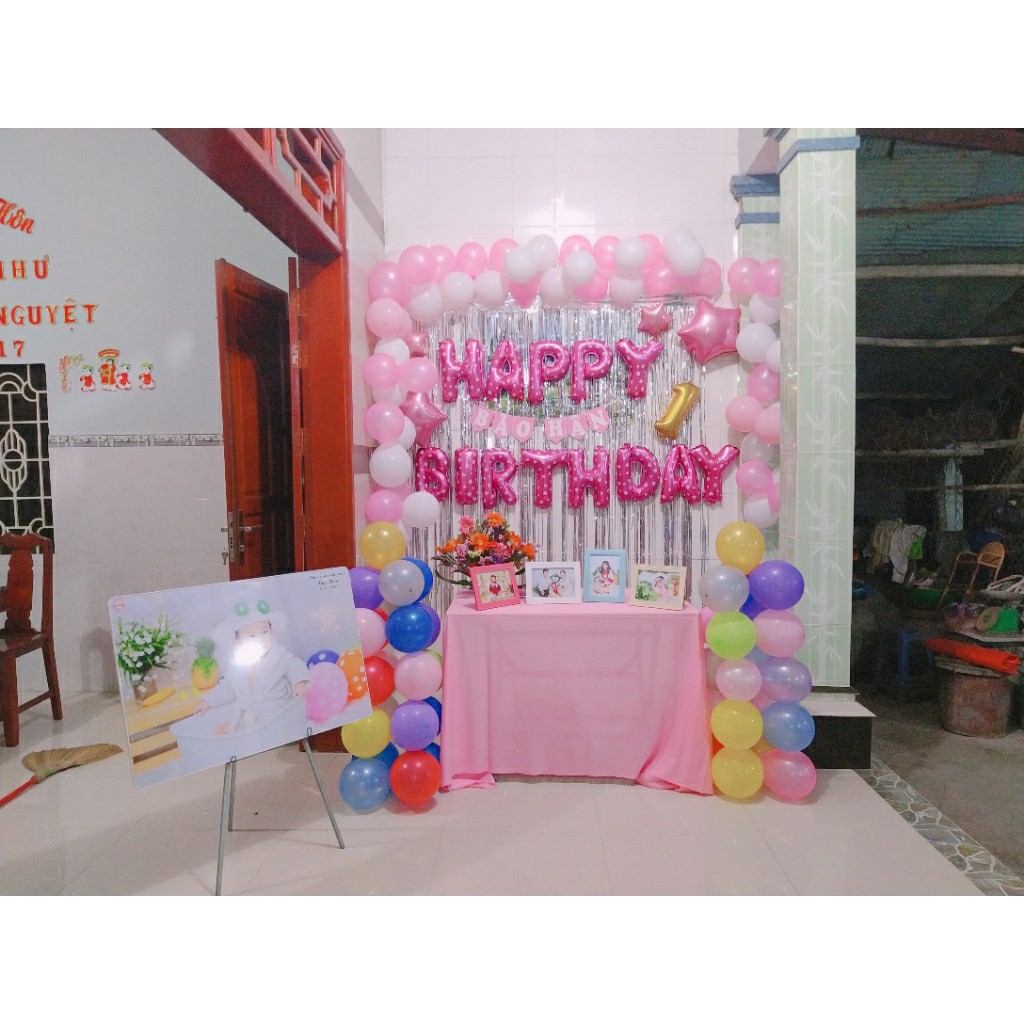 Combo Trang Trí Tiệc Sinh Nhật 2 Rèm Kim Tuyến, Bóng Chữ Happy Birthday và 50 bong bóng tròn+ bóng sao +bơm keo