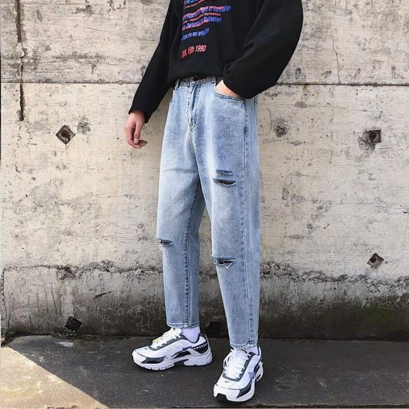 quần baggy jean nam rách gối ống rộng suông chất bò cao cấp vải đẹp 011 | BigBuy360 - bigbuy360.vn