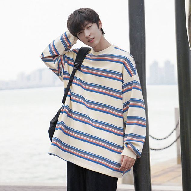 Áo Sweater Cổ Tròn Dáng Rộng Họa Tiết Kẻ Sọc Màu Sắc Tương Phản Phong Cách Hồng Kông Cá Tính