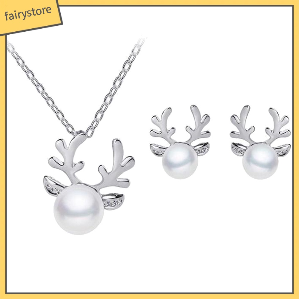 Bộ Dây Chuyền + Bông Tai Hình Sừng Hươu Đính Ngọc Trai Giả Cho Nữ