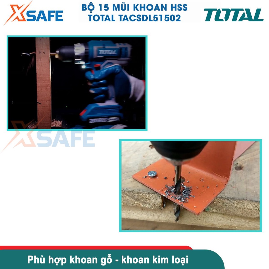 Bộ 15 mũi khoan đa năng TOTAL TACSDL51502 chất liệu HSS cứng cáp, đa kích thước từ 1-12mm, dùng khoan gỗ, kim loại