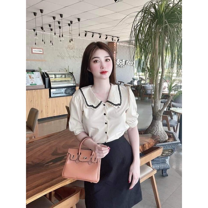 Áo sơ mi nữ công sở Gloria Shop, Áo sơ mi nữ tay ngắn viền cổ sen chất liệu Lụa cao cấp KEM+TRẮNG