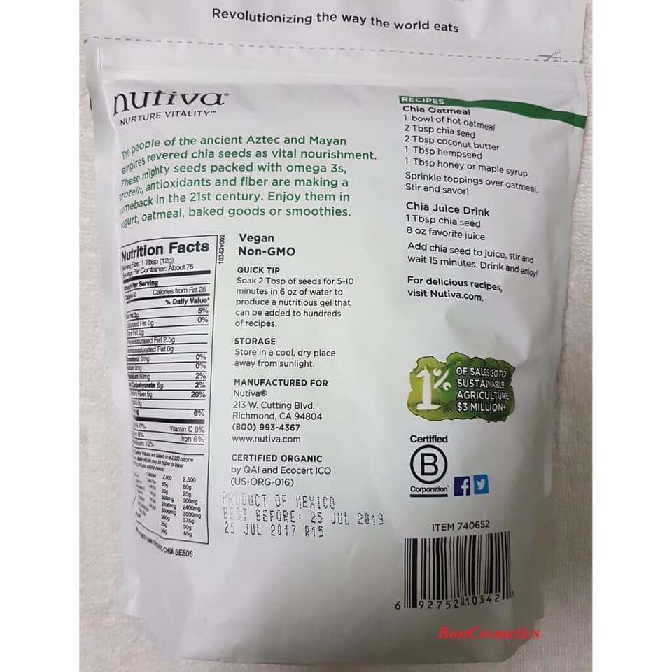 Hạt Chia Mỹ Nutiva 907g