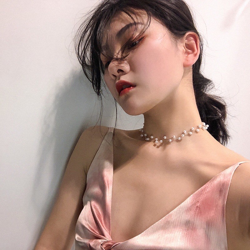 Vòng Cổ Nữ Choker Dây Chuyền Cổ Đính Hạt Cao Cấp - Màu Trắng/Đen