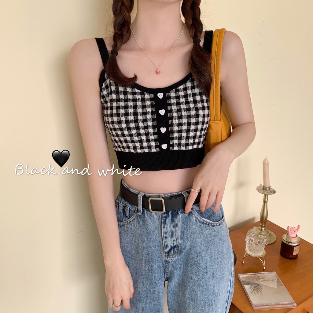 Áo Hai Dây Croptop Dệt Kim Kẻ Caro Phong Cách Tiểu Thư, Áo Bra 2 dây body kẻ caro chất co giãn nhiều màu