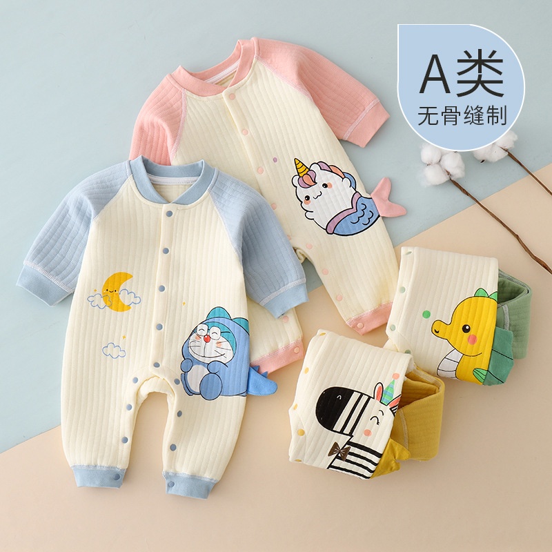 Body trần bông cho bé trai bé gái Bodysuit liền thân dài tay cài giữa 3 lớp dày ấm cho bé sơ sinh SLTB12