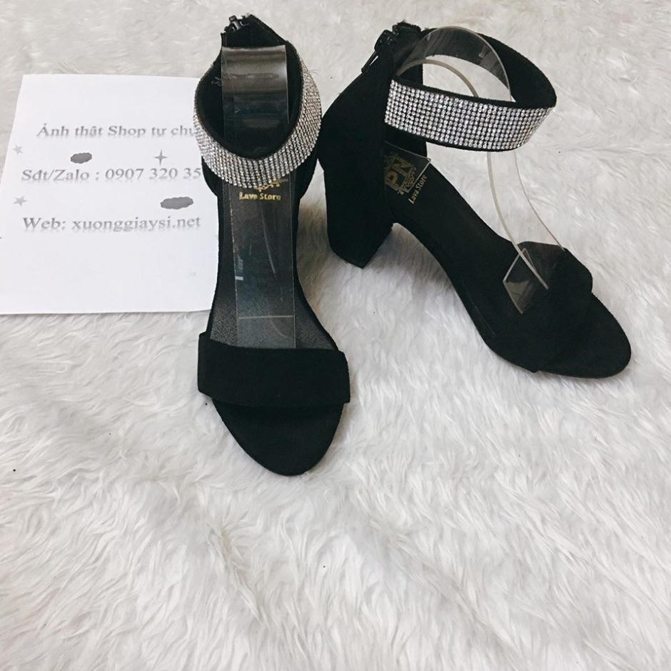 Giày cao gót, giày sandal cao gót vuông 7p quai ngang cổ kim tuyến - SD53