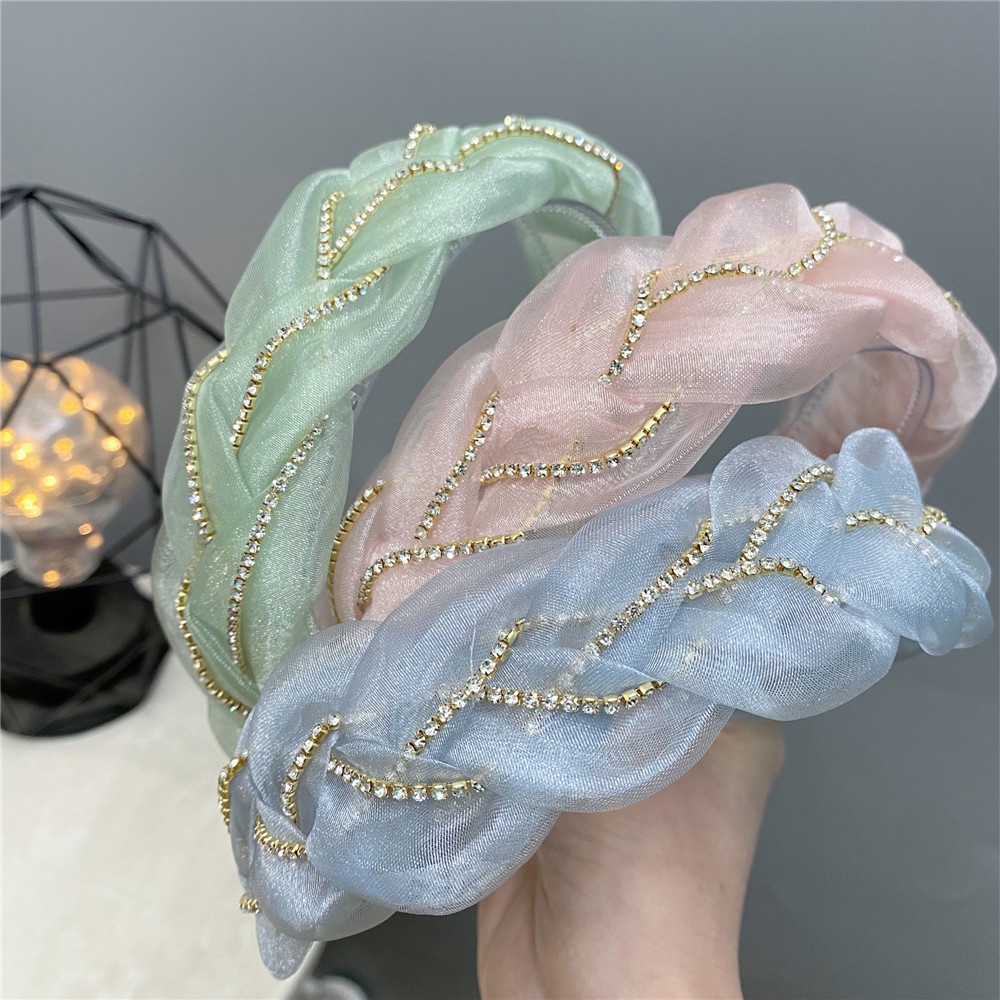 Băng Đô Vải Organza Đính Đá Phối Dây Xích Ba Chiều Thời Trang