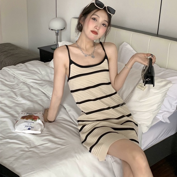 Đầm dệt kim ZHELIHANGFEI 2 dây kẻ sọc thời trang quyến rũ cho nữ