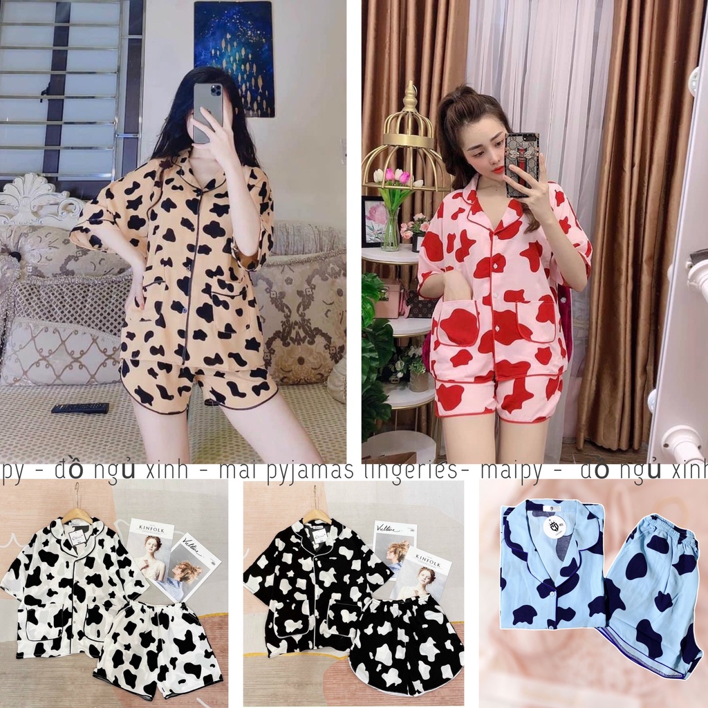 Đồ Bộ Nữ Mặc Nhà Pijama Lụa Hàn Mùa Hè Maipy Áo Cánh Dơi Quần Đùi, Họa Tiết Bò Sữa Cute - PJN004