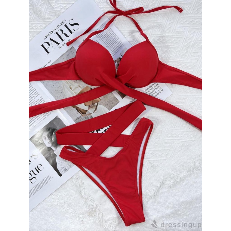 Bộ Bikini 2 Mảnh Lưng Cao Nâng Ngực Màu Trơn Cá Tính Cho Nữ