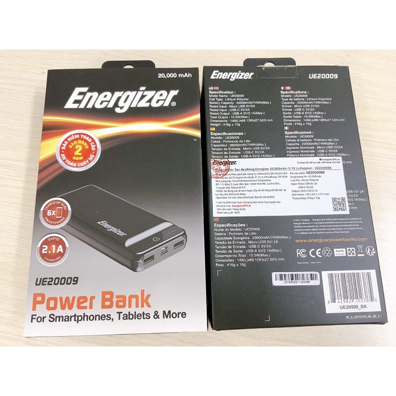 [New full box]- Sạc dự phòng chính hãng Energizer 20,000mAh - UE20009 màu đen bảo hành 6 tháng