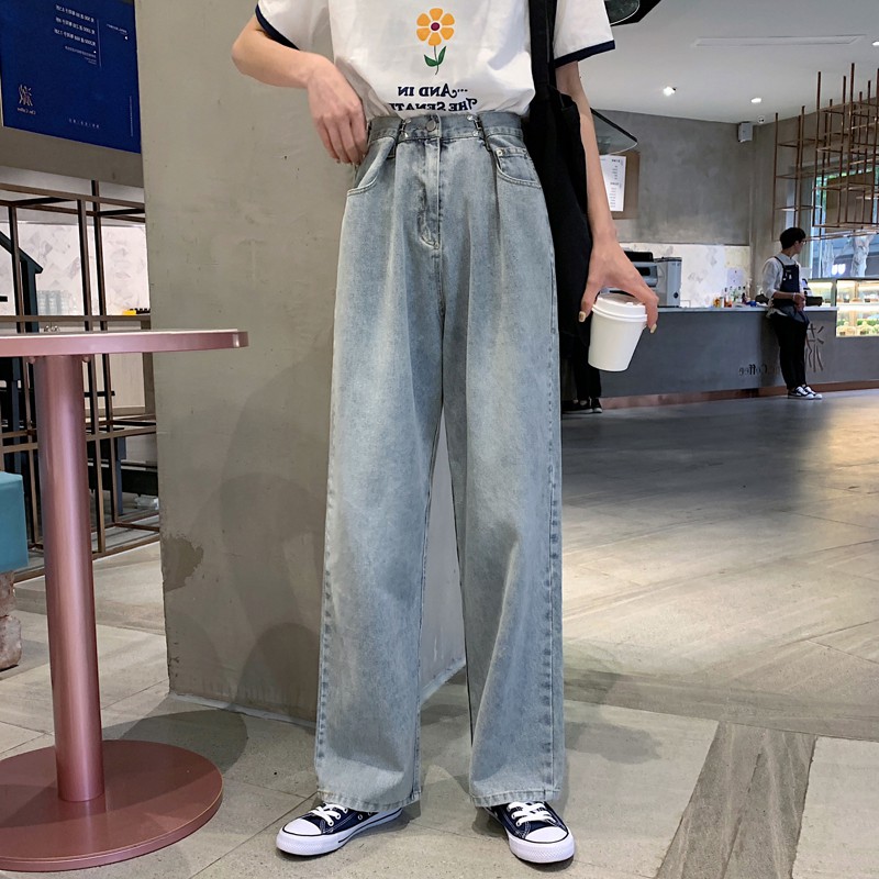 Quần jeans ống rộng lưng cao khóa cài eo cực chất