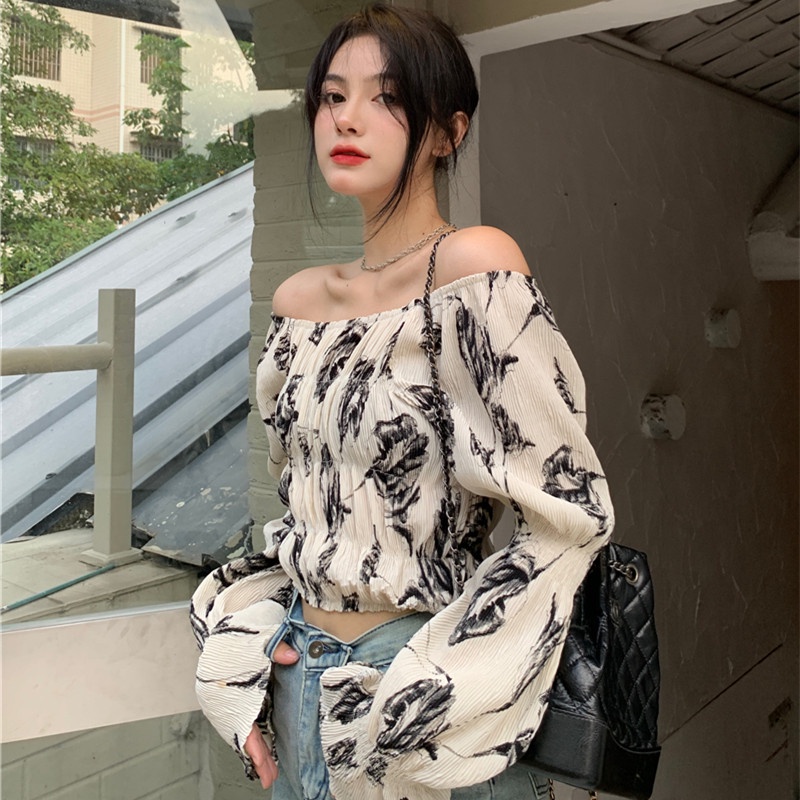 Áo Kiểu Trễ Vai Dáng Ngắn In Họa Tiết Thời Trang Mùa Thu Quyến Rũ Cho Nữ