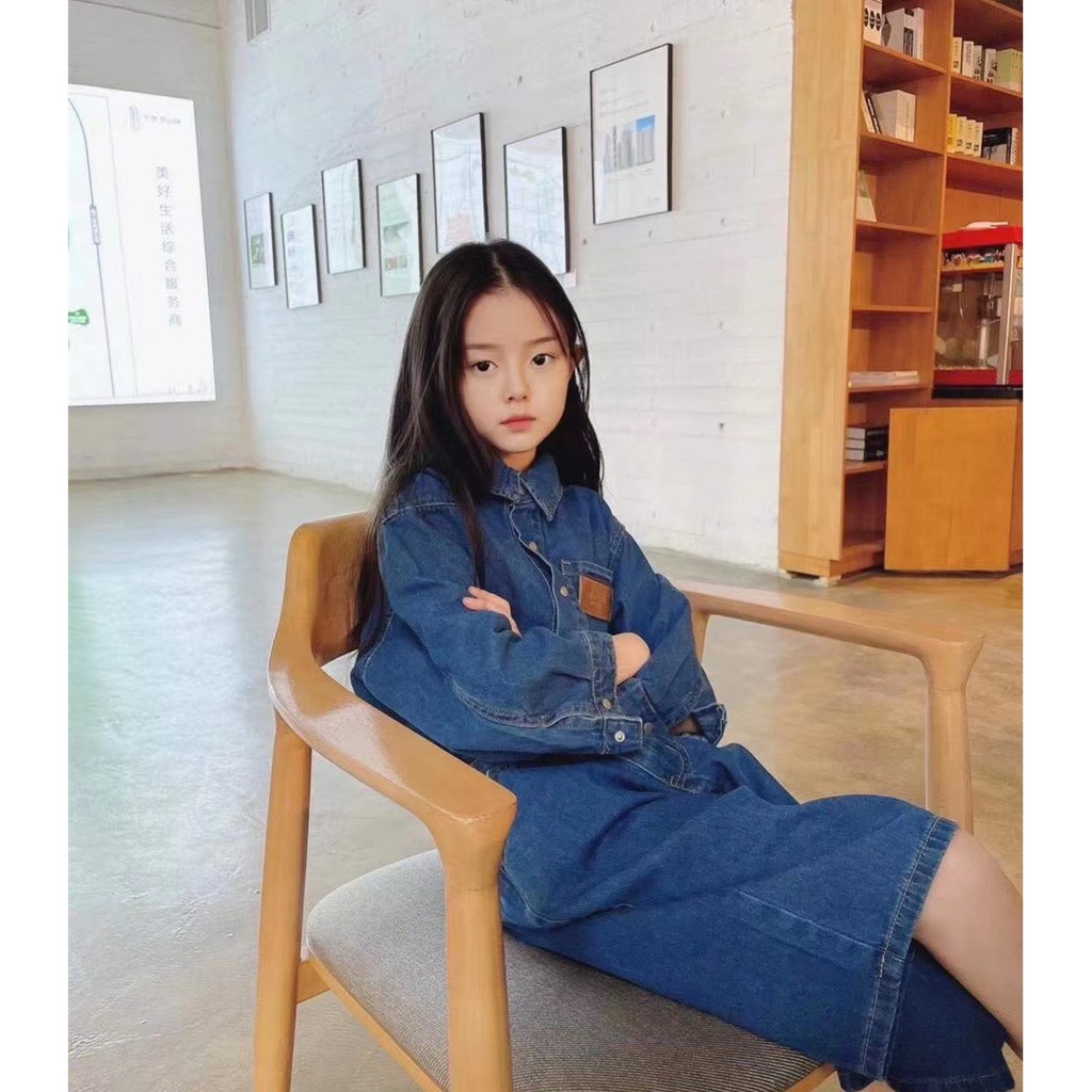 Áo liền quần Vải Jean Phong Cách Hàn Quốc Thời Trang Xuân Thu 2021 Cho Bé 3-8 Tuổi