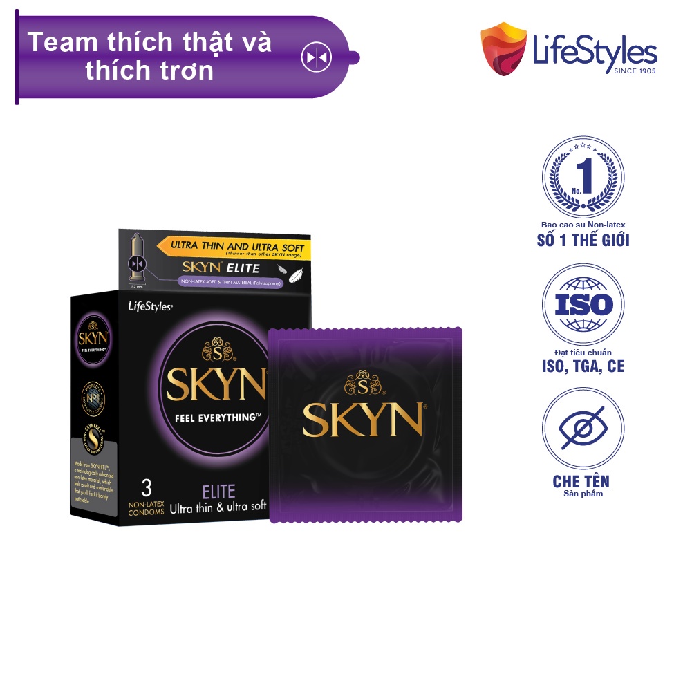 Bao cao su LifeStyles SKYN Elite Non-latex siêu mỏng siêu mềm cao cấp 3 bao