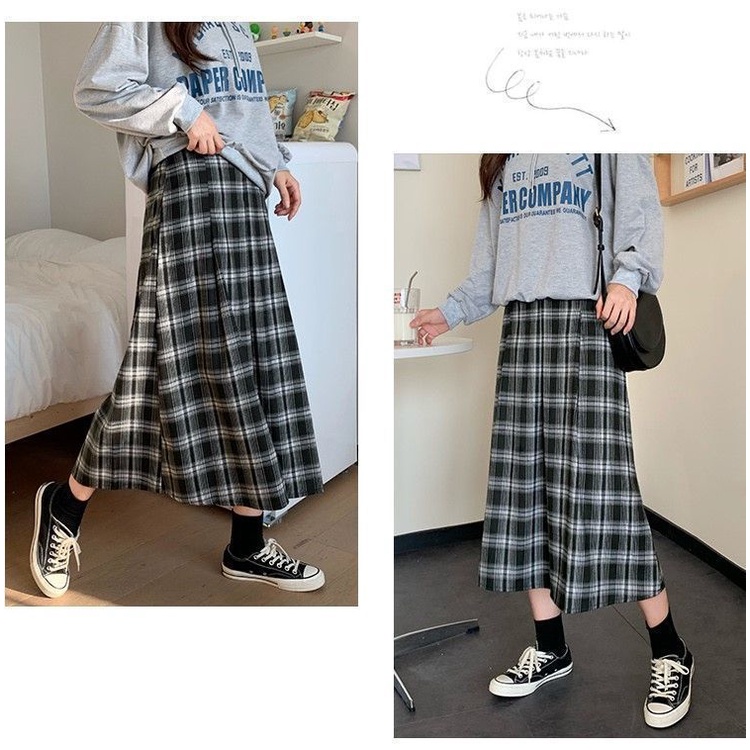 Chân Váy Midi Chữ A Lưng Cao Co Giãn Họa Tiết Sọc Caro Phong Cách Nhật Bản Cho Nữ