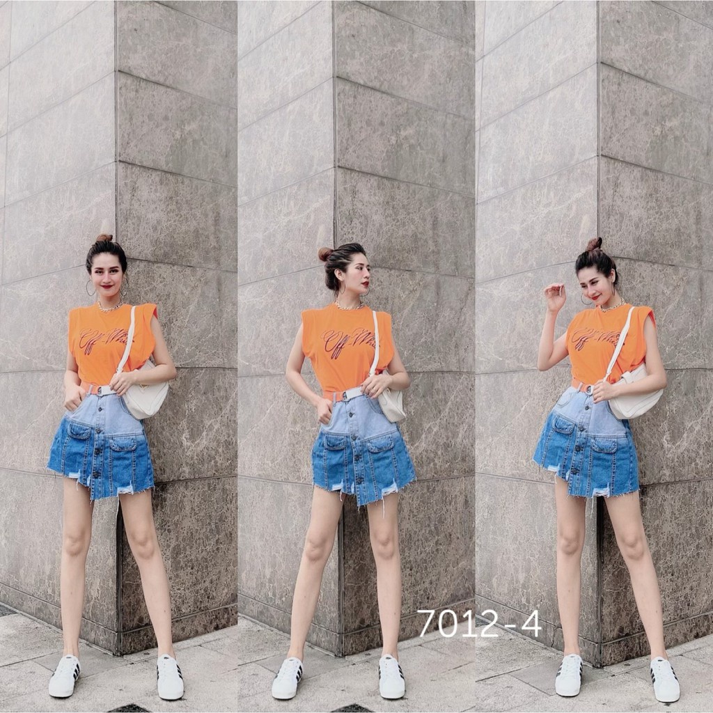Quần bò giả váy rách nhẹ dáng chữ A, jeans lưng cao túi hộp. Mã V0115