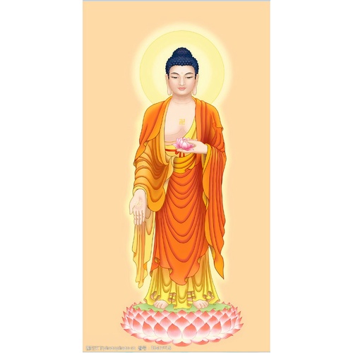Tranh Liễn Phật Giáo -Tranh Phật  A DI ĐÀ- chất liệu vải canvas kim tuyến đóng  nẹp sáo gỗ tự nhiên- nhiều kích thướt