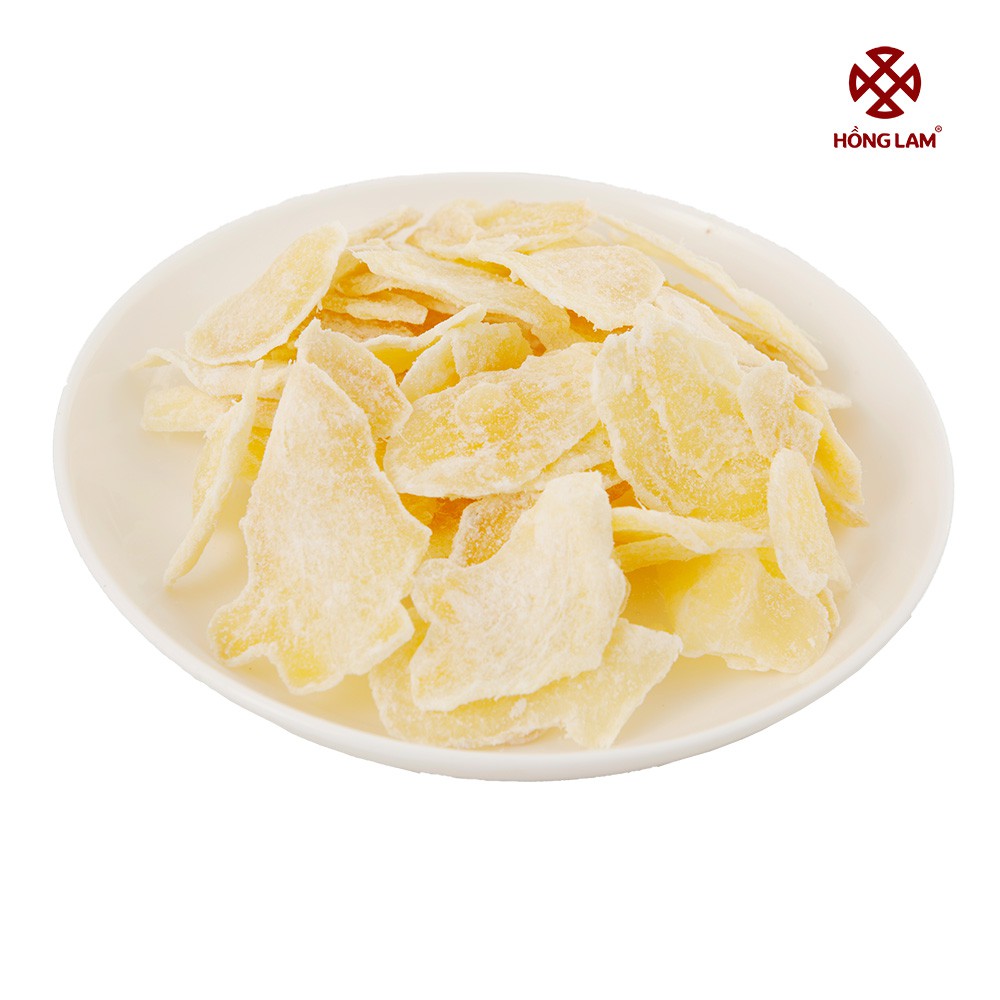 Mứt gừng Hồng Lam. Dạng túi (200gr, 500gr), hộp (200gr). Có vị ngọt, cay dịu của gừng
