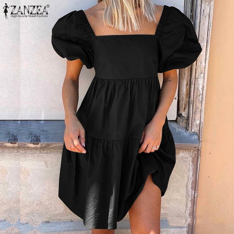 Đầm ZANZEA mini cổ vuông tay phồng có thun co giãn màu trơn thời trang dành cho nữ