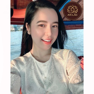 Set áo bà ba màu trắng lụa gấm đi lễ chùa cổ tròn big size