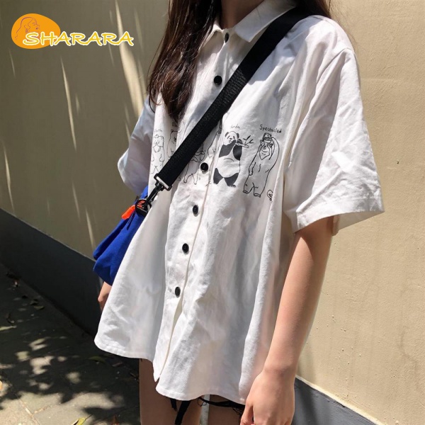 Áo Sơ Mi Polo Tay Ngắn Dáng Rộng In Họa Tiết Hoạt Hình Thời Trang Cho Nữ áo sơ mi tay ngắn họa tiết nam ngắn tay áo sơ mi trắng