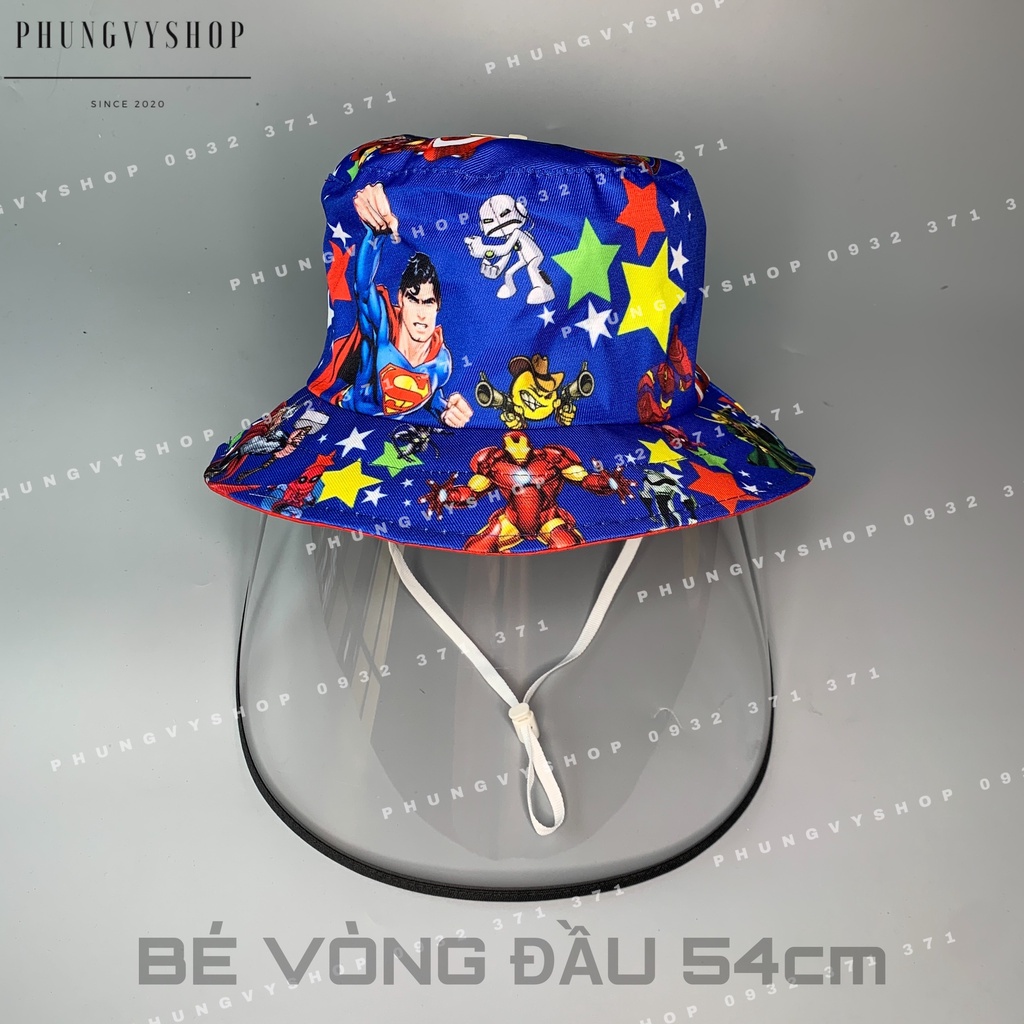 (Bé 4-8 Tuổi/ Vòngđầu54cm) Mũ CHỐNG GIỌT BẮN cho bé trai- IN SIÊU NHÂN TRUNG XANH- Nón cản bụi trẻ em