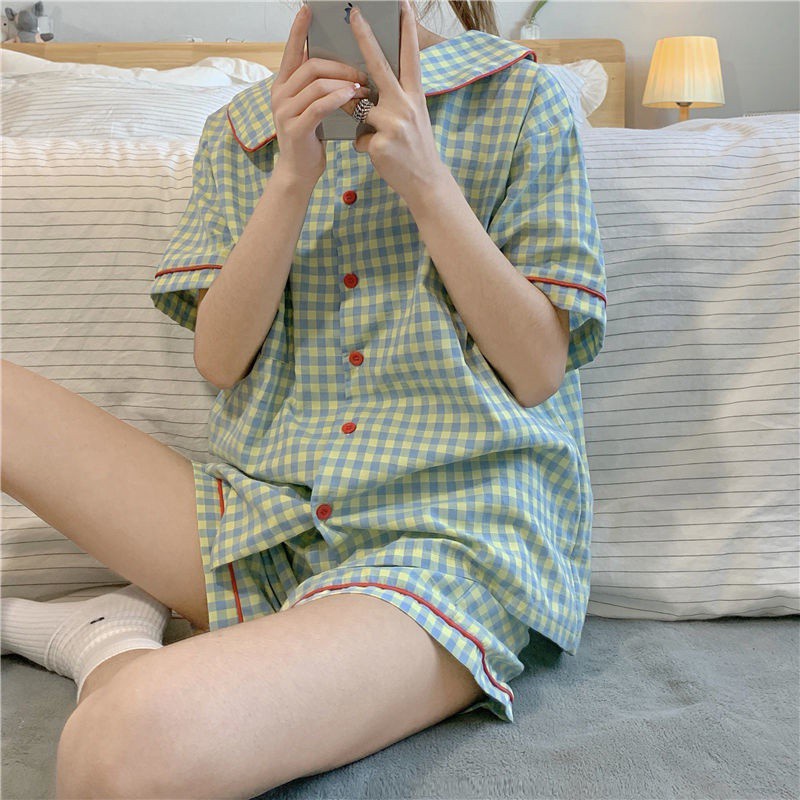 Bộ Đồ Ngủ Mùa Hè Họa Tiết Sọc Caro Đơn Giản Ngọt Ngào Mới Cho Nữ