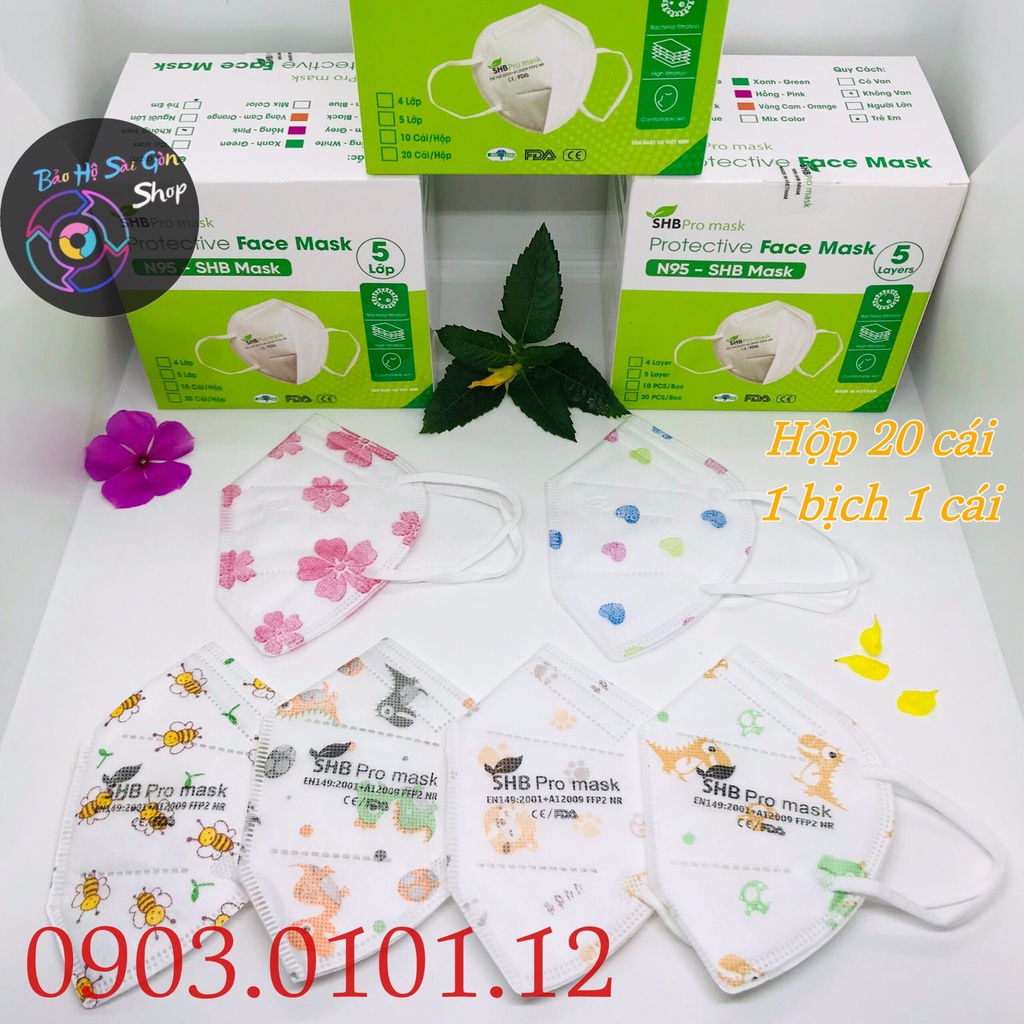 Khẩu trang n95 trẻ em SHB pro mask chính hãng, Kn95 cho bé cao cấp chuẩn FFP2 (hộp 20 cái)