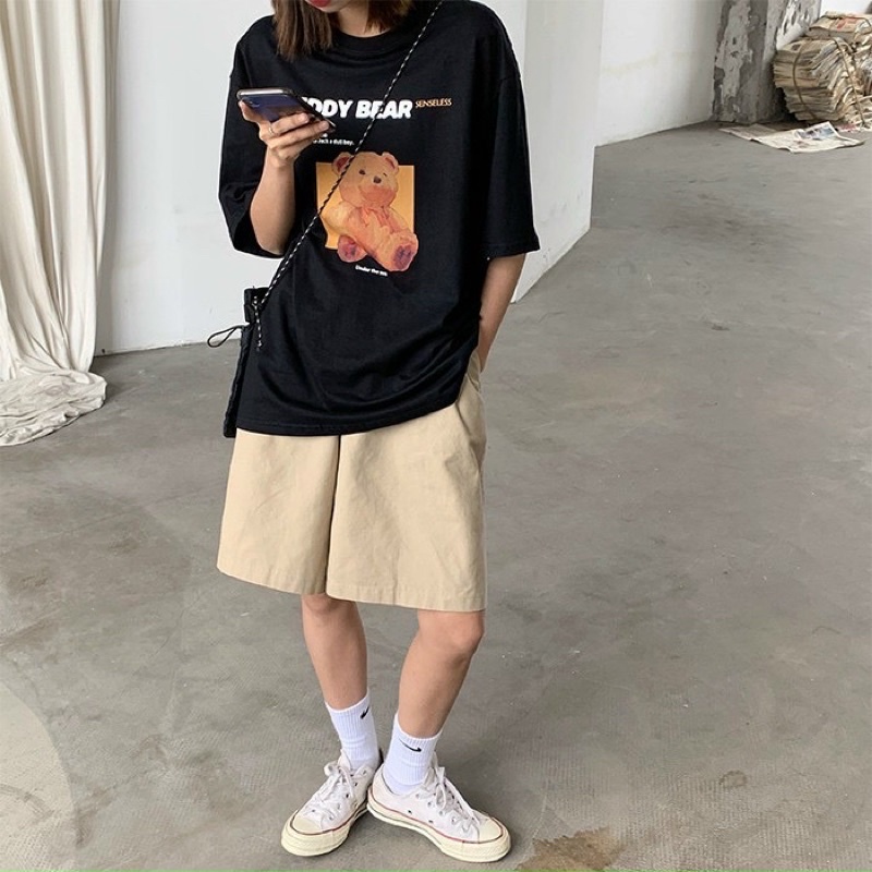 Set Bộ Áo Phông Gấu TEDDY Cổ Tròn Tay Lỡ Kết Hợp Quần Short Kaki Lửng Phong Cách Unisex Nam Nữ Kiểu Dáng Cá Tính