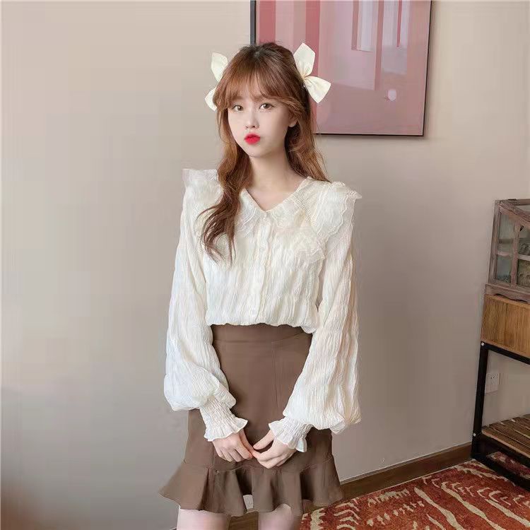 Áo Sơ Mi Voan Mỏng Tay Dài Xếp Ly Ngọt Ngào Thời Trang Hàn Quốc
